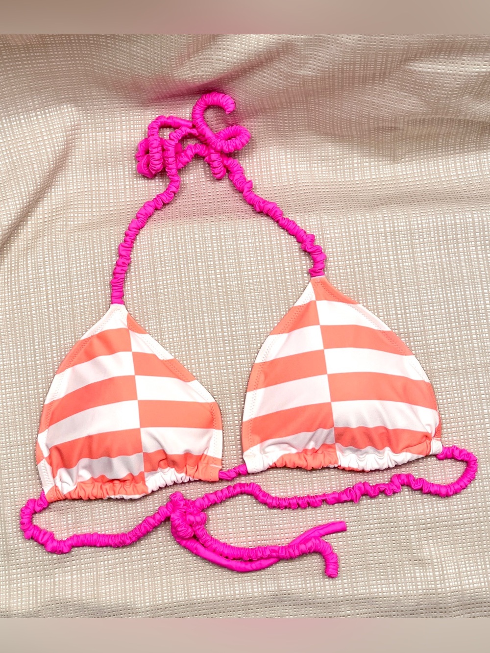 Aerie Striped Ruffle Triangle String Bikini Top Swim Neon Dopamine